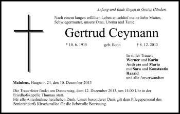 Anzeige von Gertrud Ceymann von MGO
