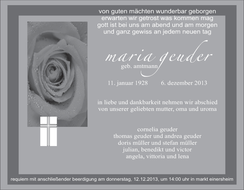  Traueranzeige für Maria Geuder vom 10.12.2013 aus MGO