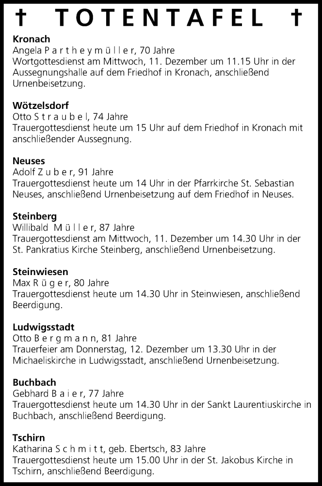  Traueranzeige für Totentafel vom 10.12.2013 vom 10.12.2013 aus MGO