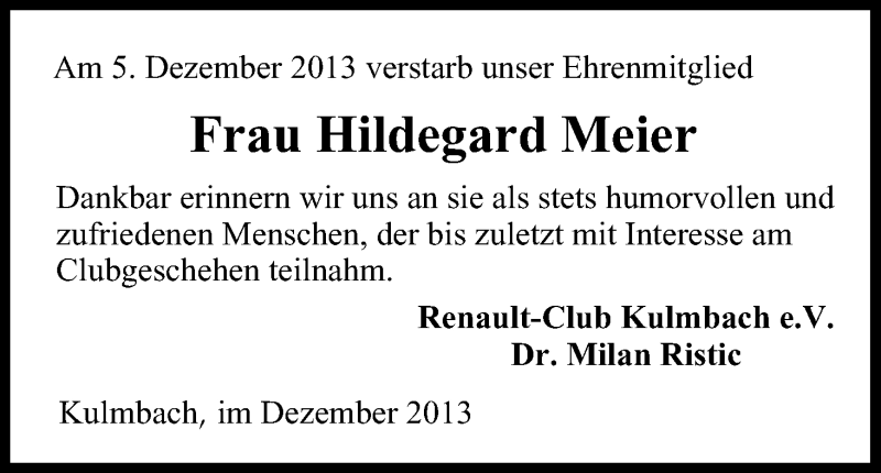  Traueranzeige für Hildegard Meier vom 11.12.2013 aus MGO