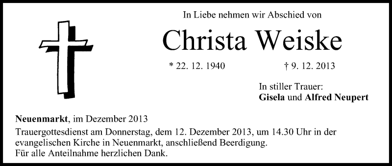  Traueranzeige für Christa Weiske vom 11.12.2013 aus MGO