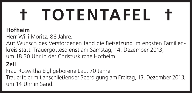  Traueranzeige für Totentafel vom 12.12.2013 vom 12.12.2013 aus MGO
