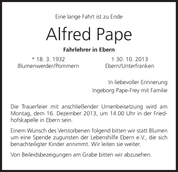 Anzeige von Alfred Pape von MGO