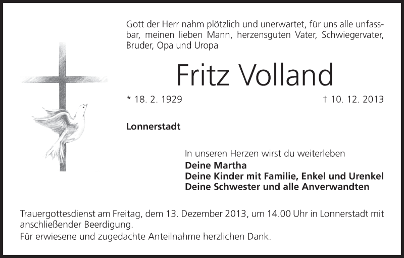  Traueranzeige für Fritz Volland vom 11.12.2013 aus MGO