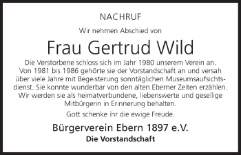 Anzeige von Gertrud Wild von MGO