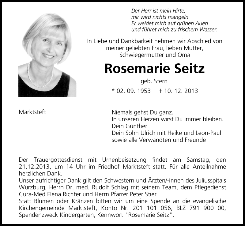  Traueranzeige für Rosemarie Seitz vom 12.12.2013 aus MGO