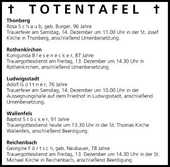 Anzeige von Totentafel vom 12.12.2013 von MGO