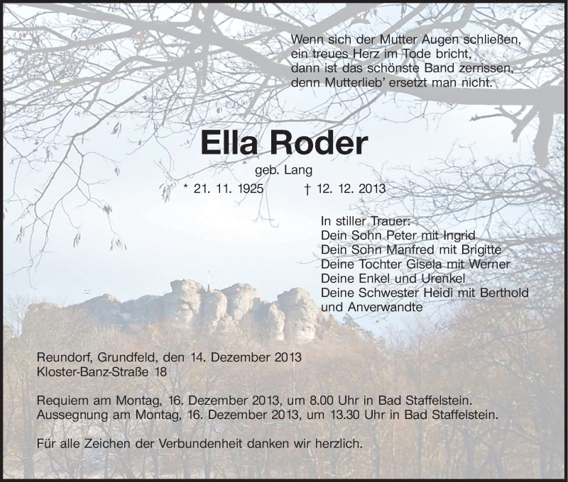  Traueranzeige für Ella Roder vom 14.12.2013 aus MGO