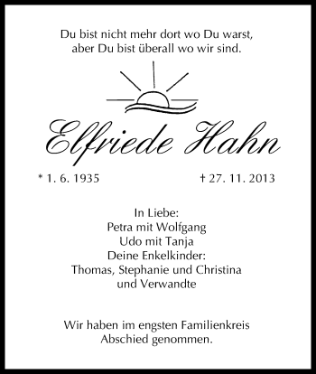Anzeige von Elfriede Hahn von MGO