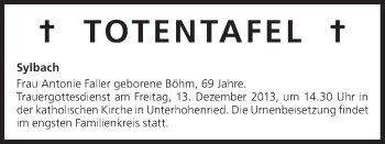 Anzeige von Totentafel vom 13.12.2013 von MGO
