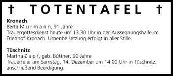 Anzeige von Totentafel vom 13.12.2013 von MGO