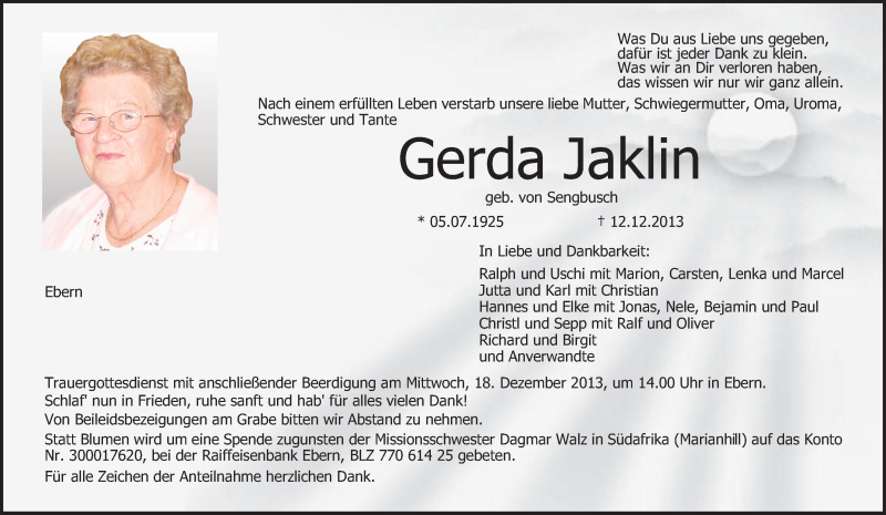  Traueranzeige für Gerda Jaklin vom 16.12.2013 aus MGO