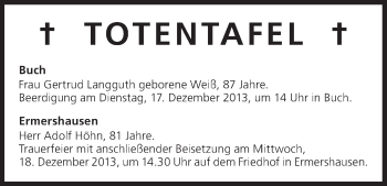 Anzeige von Totentafel vom 17.12.2013 von MGO