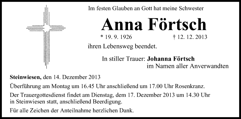  Traueranzeige für Anna Förtsch vom 14.12.2013 aus MGO