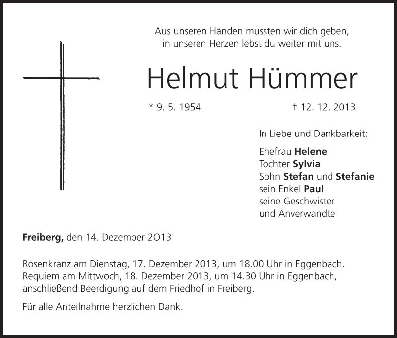  Traueranzeige für Helmut Hümmer vom 14.12.2013 aus MGO