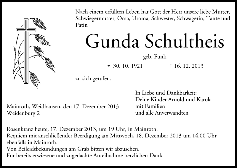  Traueranzeige für Gunda Schultheis vom 17.12.2013 aus MGO
