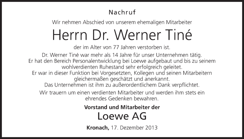  Traueranzeige für Werner Tiné vom 17.12.2013 aus MGO