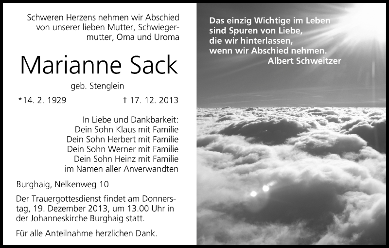  Traueranzeige für Marianne Sack vom 18.12.2013 aus MGO