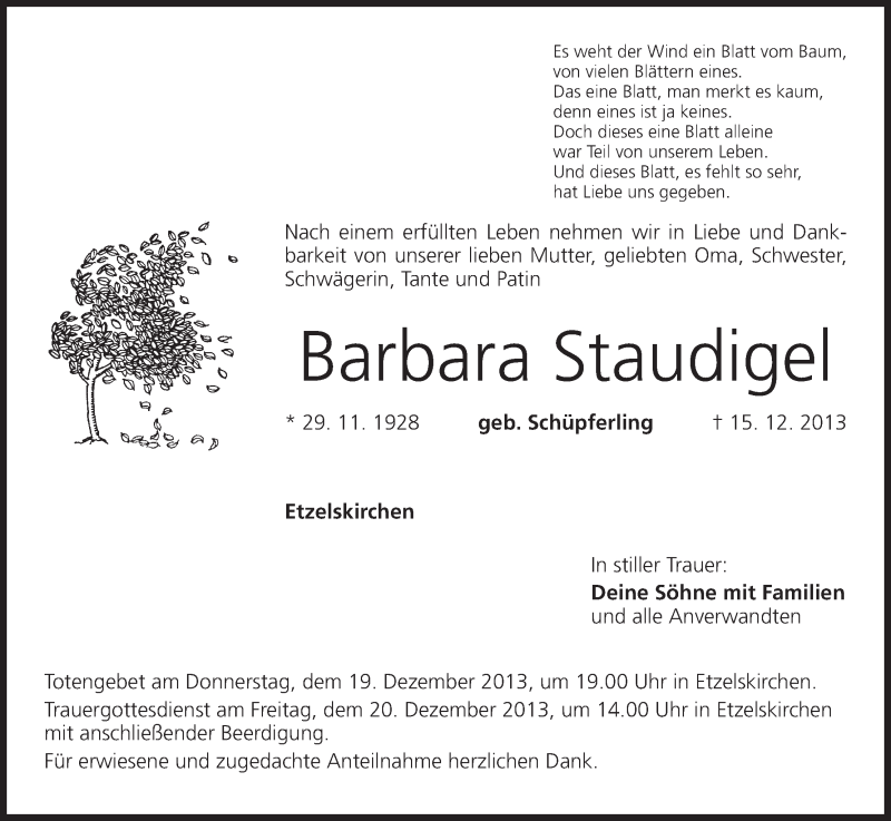  Traueranzeige für Barbara Staudigel vom 18.12.2013 aus MGO