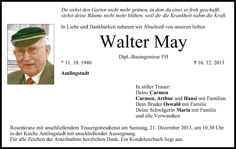  Traueranzeige für Walter May vom 18.12.2013 aus MGO