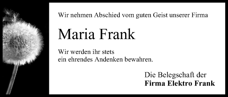  Traueranzeige für Maria Frank vom 20.12.2013 aus MGO