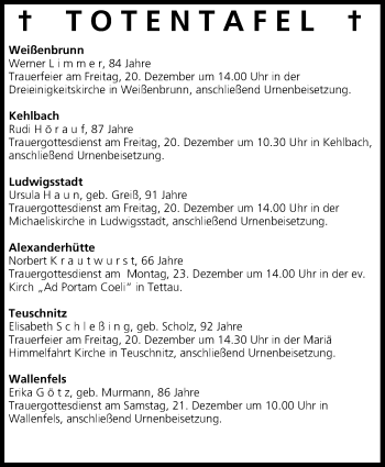 Anzeige von Totentafel vom 19.12.2013 von MGO