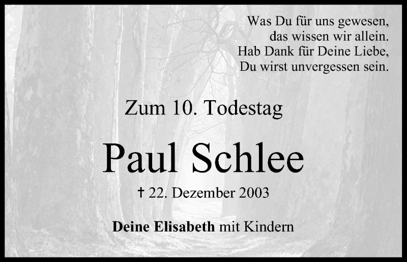  Traueranzeige für Paul Schlee vom 21.12.2013 aus MGO