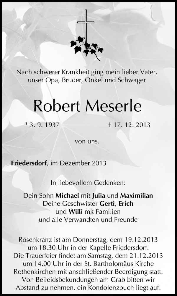  Traueranzeige für Robert Meserle vom 19.12.2013 aus MGO