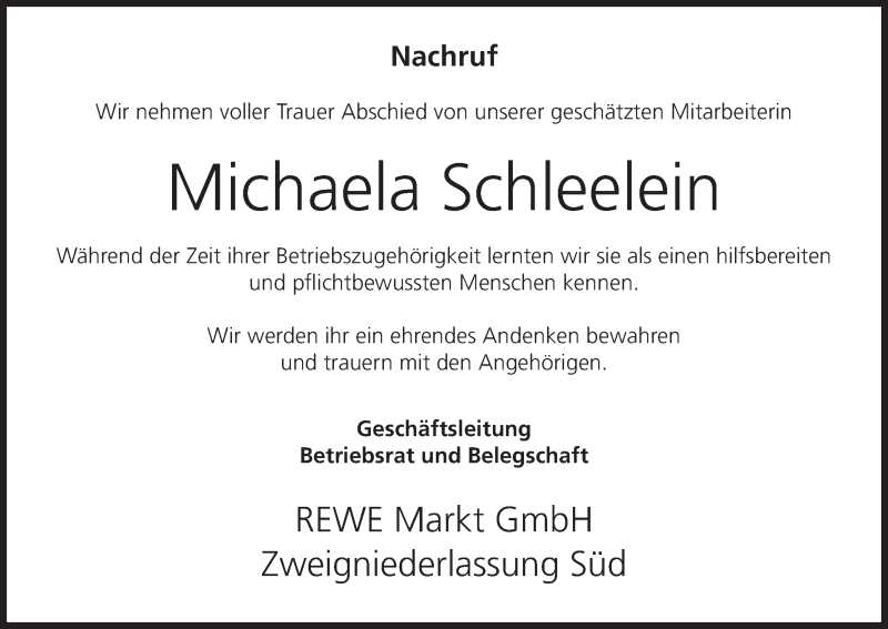  Traueranzeige für Michaela Schleelein vom 21.12.2013 aus MGO