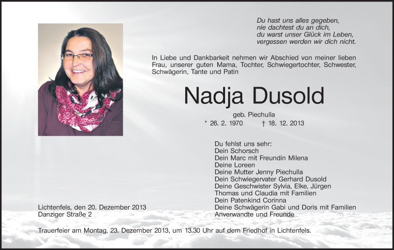  Traueranzeige für Nadja Dusold vom 20.12.2013 aus MGO