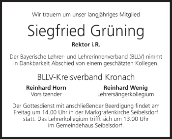 Anzeige von Siegfried Grüning von MGO