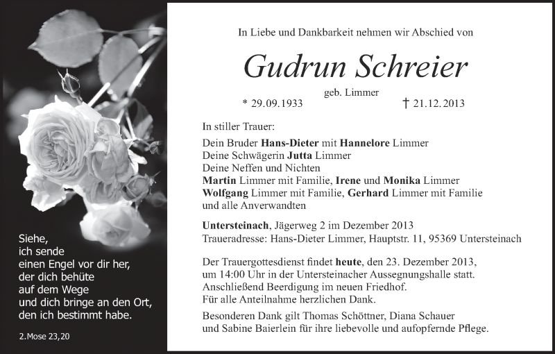  Traueranzeige für Gudrun Schreier vom 23.12.2013 aus MGO