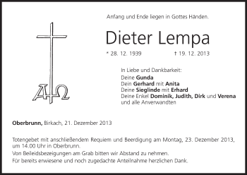 Anzeige von Dieter Lempa von MGO