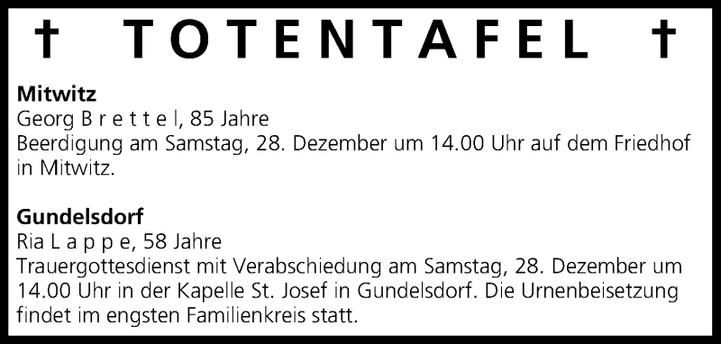 Traueranzeige für Totentafel vom 27.12.2013 vom 27.12.2013 aus MGO