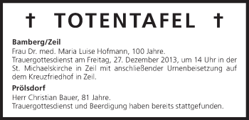 Anzeige von Totentafel vom 24.12.2013 von MGO