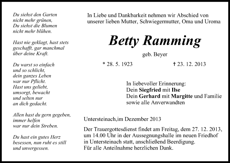  Traueranzeige für Betty Ramming vom 24.12.2013 aus MGO