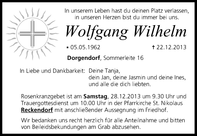  Traueranzeige für Wolfgang Wilhelm vom 27.12.2013 aus MGO