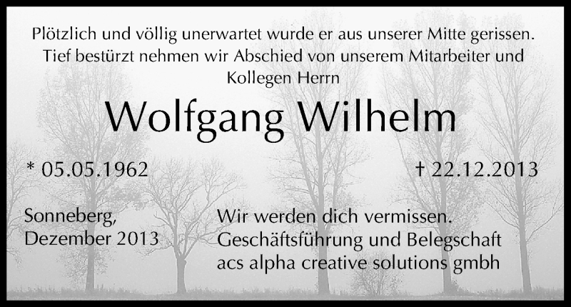  Traueranzeige für Wolfgang Wilhelm vom 28.12.2013 aus MGO