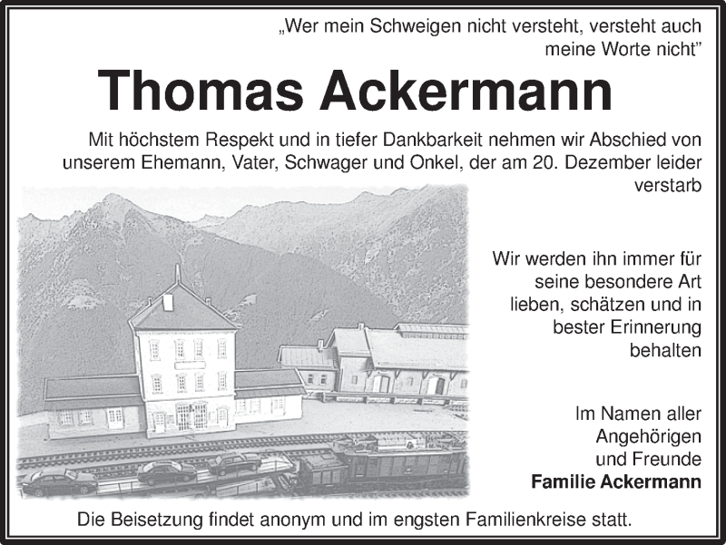  Traueranzeige für Thomas Ackermann vom 27.12.2013 aus MGO