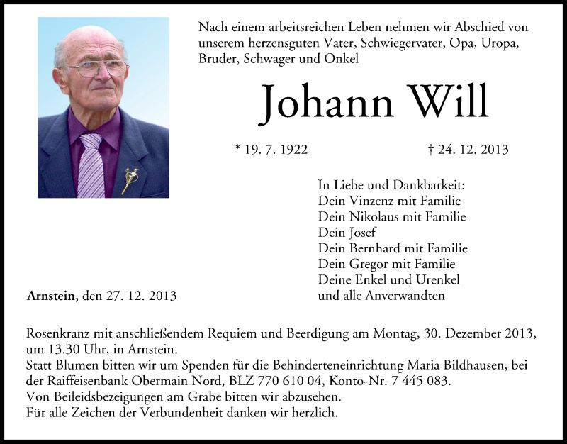  Traueranzeige für Johann Will vom 27.12.2013 aus MGO