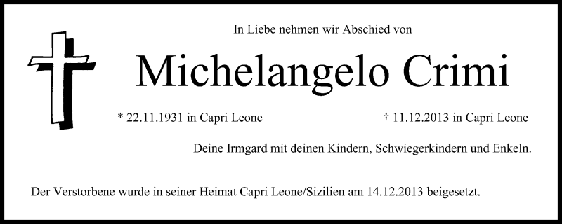  Traueranzeige für Michelangelo Crimi vom 28.12.2013 aus MGO