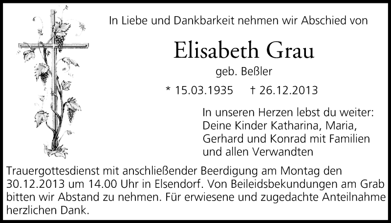  Traueranzeige für Elisabeth Grau vom 28.12.2013 aus MGO