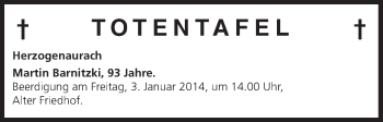 Anzeige von Totentafel vom 28.12.2013 von MGO