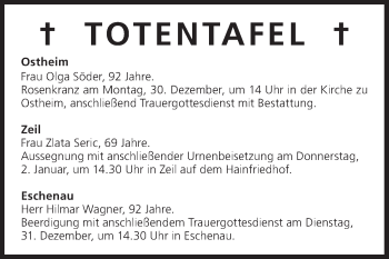 Anzeige von Totentafel vom 30.12.2013 von MGO