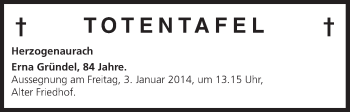 Anzeige von Totentafel vom 31.12.2013 von MGO