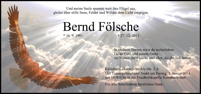  Traueranzeige für Bernd Fölsche vom 31.12.2013 aus MGO