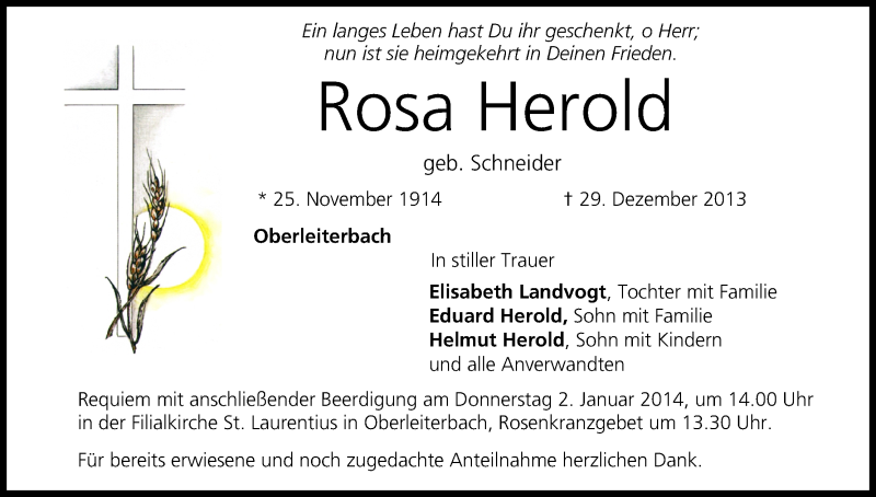  Traueranzeige für Rosa Herold vom 31.12.2013 aus MGO