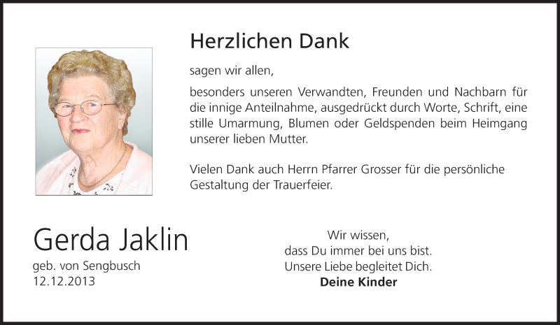  Traueranzeige für Gerda Jaklin vom 04.01.2014 aus MGO