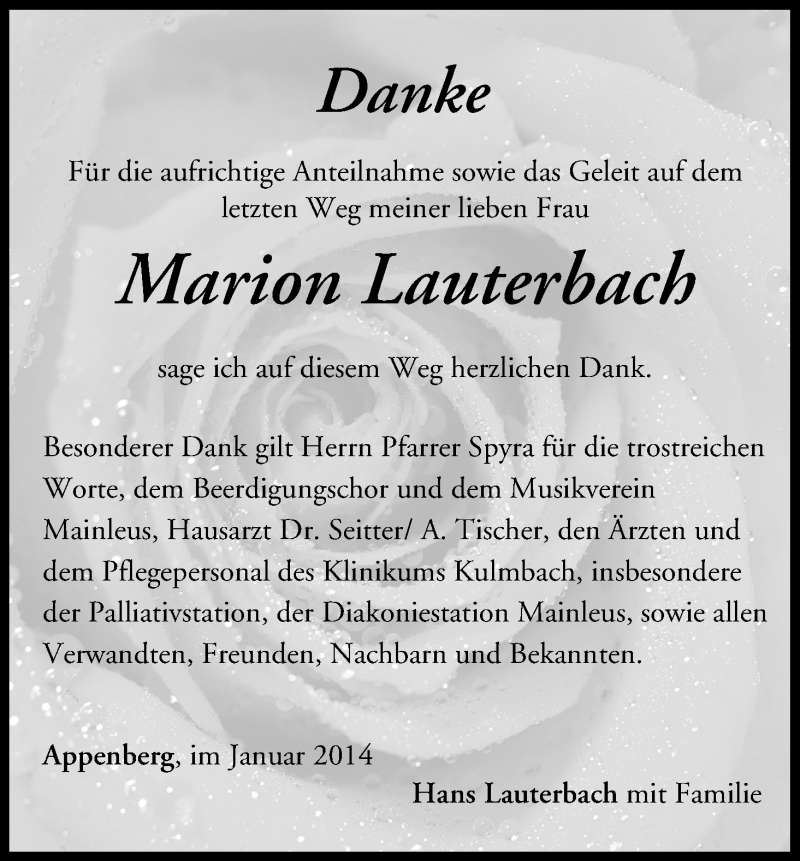  Traueranzeige für Marion Lauterbach vom 04.01.2014 aus MGO