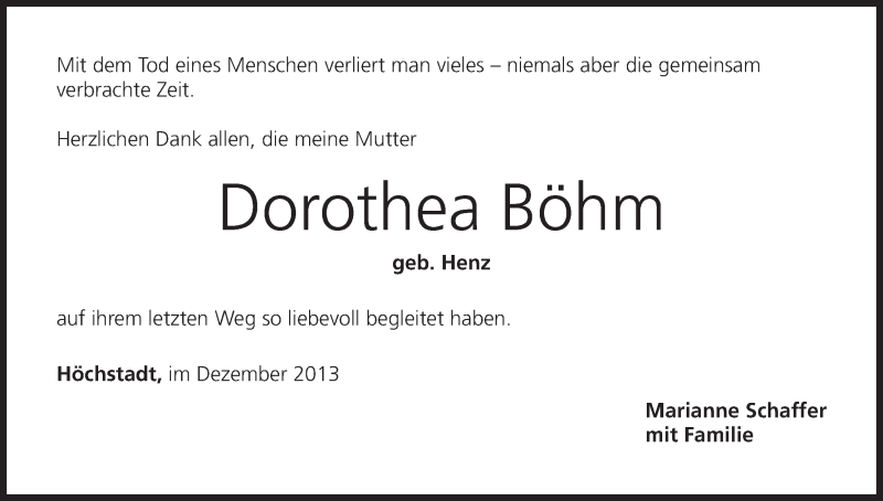  Traueranzeige für Dorothea Böhm vom 04.01.2014 aus MGO